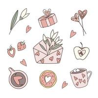 día de San Valentín doodle vector conjunto de elementos de diseño dibujados a mano para crear San Valentín, etiquetas de regalo, tarjetas de felicitación. capuchino, donut con corazón, flores, sobre, fresa.