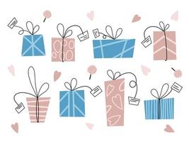 cajas de regalo del día de san valentín con corazones y piruletas. ilustración vectorial plana. conjunto simple de elementos rosas y azules para el diseño de la tarjeta del 14 de febrero. vector