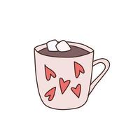 Valentines day hand drawn hot chocolate with marshmallows in cup with hearts. Doodle vector  illustration.