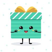 Vector cartoon happy gift box with a cute face. Isolated emotional flat character on white background with snowflakes.