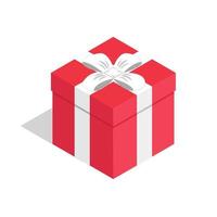 Vector red gift box with the white ribbon. Isometric present on the white background.