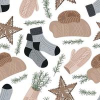 Winter seamless pattern with knitted jumpers, socks, fir tree twigs and mittens. Cute vector background . Repeating texture for New Year holidays. Christmas ornament.
