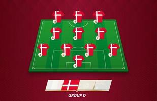 Football field with Denmark team lineup for European competition. vector