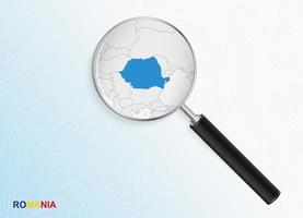 Magnifier with map of Romania on abstract topographic background. vector