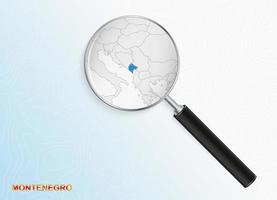 Magnifier with map of Montenegro on abstract topographic background. vector