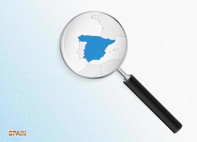 Magnifier with map of Spain on abstract topographic background. vector