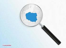 Magnifier with map of Poland on abstract topographic background. vector