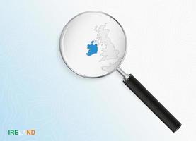 Magnifier with map of Ireland on abstract topographic background. vector