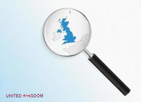 Magnifier with map of United Kingdom on abstract topographic background. vector