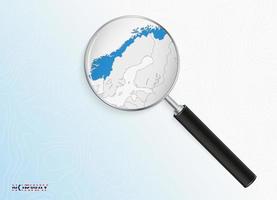 Magnifier with map of Norway on abstract topographic background. vector