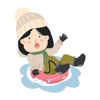 kid girl on snow tubing sliding down hill slope vector