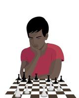 A dark-skinned guy sits at a chess board, thinks, plays chess, flat vector, isolate on white vector