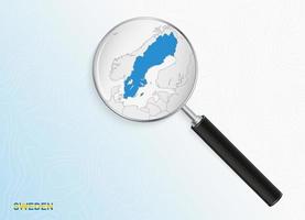 Magnifier with map of Sweden on abstract topographic background. vector