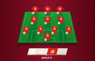 Football field with Tunisia team lineup for European competition. vector