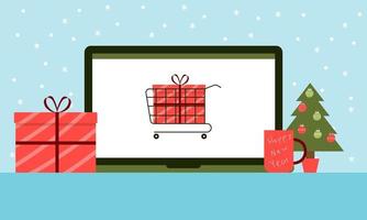 compras en línea de regalos para navidad y año nuevo. concepto de venta de vacaciones vector