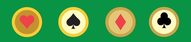 Set game coins card suits of clubs, hearts, diamonds, spades gold icon, game interface, vector