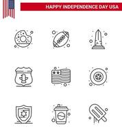 conjunto de líneas del día de la independencia de ee.uu. de 9 pictogramas de ee.uu. de país hito americano ee.uu. washington elementos de diseño vectorial editables del día de ee.uu. vector