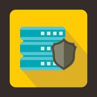 Database with gray shield icon, flat style vector