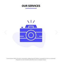 nuestros servicios imagen de cámara fotografía fotografía icono de glifo sólido plantilla de tarjeta web vector