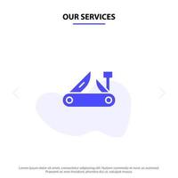 nuestros servicios navaja multiherramienta navaja de bolsillo icono de glifo sólido suizo plantilla de tarjeta web vector