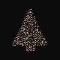 Gold decorative christmas tree. Vector spruce with doodle line art elements. Isolated hand drawn fir on the black background