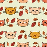 Vector seamless pattern with autumn leaves and cartoon cat muzzles. Pets emotions on repeated background