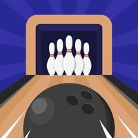 Vector bowling pins and running ball on lane. Bowling tournament illustration