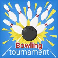 Bowling tournament vector banner. Bowling ball hit the skittles. Strike illustration