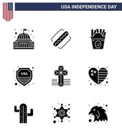 USA Happy Independence DayPictogram Set of 9 Simple Solid Glyphs of american sign states shield usa Editable USA Day Vector Design Elements