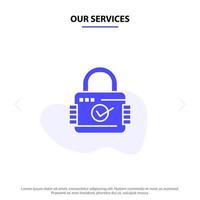 Our Services Lock Padlock Security Secure Solid Glyph Icon Web card Template vector