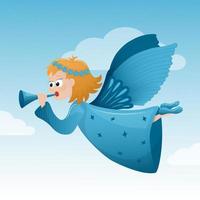 Christmas cute angel flying in the blue sky with clouds. Vector flat illustration.