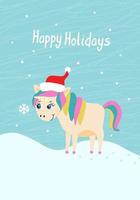Winter greeting card with a cute little unicorn with a snowflake. Happy Holidays hand drawn lettering. Flat vector illustration.