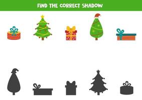 Find the correct shadows of cute Christmas trees and presents. Logical puzzle for kids. vector