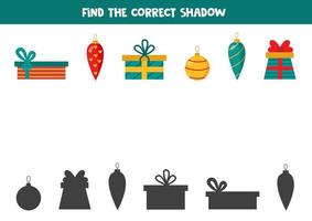 Find the correct shadows of cute Christmas presents and ornament. Logical puzzle for kids. vector