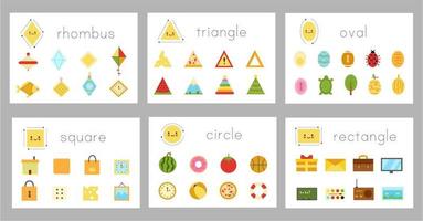 Set of flashcards with shapes. Learning basic shapes for kids. vector