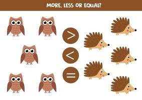 More, less or equal with cartoon lions and hedgehogs. vector