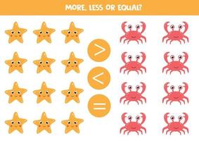 More, less or equal with cartoon sea animals. Sea fish and crab. vector