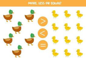 More, less or equal with cartoon ducks and ducklings. vector