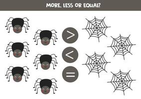 More, less or equal with cartoon spider and spider web. vector