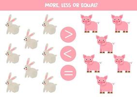 More, less or equal with cartoon pigs and rabbits. vector