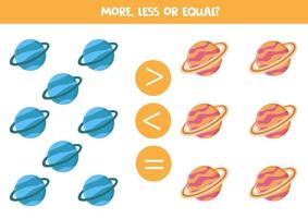 More, less or equal with cartoon Solar system planets. vector