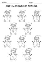 Learning numbers 1 to 10 for kids with cute snowman. Writing practice. vector