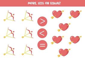 More, less or equal with cartoon valentine heart with arrow. vector