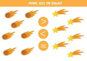 More, less or equal with cartoon comets and stars. vector