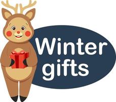 letrero de regalos de invierno con ciervos de dibujos animados y regalo sobre fondo transparente vector