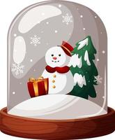 Snow globe, glass flask with cartoon snowman and Christmas tree on transparent background vector