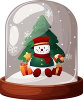 Snow globe, glass flask with cartoon snowman in hat, Christmas tree and gifts on transparent background vector