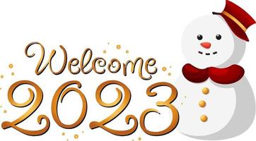 Welcome 2023 with cartoon snowman on transparent background vector