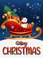 Merry Christmas greeting card with cartoon Santa Claus sleigh and gifts with snow vector