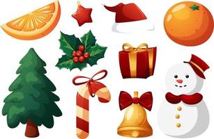 Christmas, New Year's set on transparent background. Christmas tree, gift, orange, snowman, caramel cane, bell, star vector